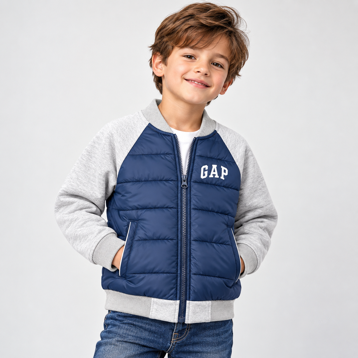 GAP Kids Hybrid Puffer Bomber Jacket - Navy/Gray