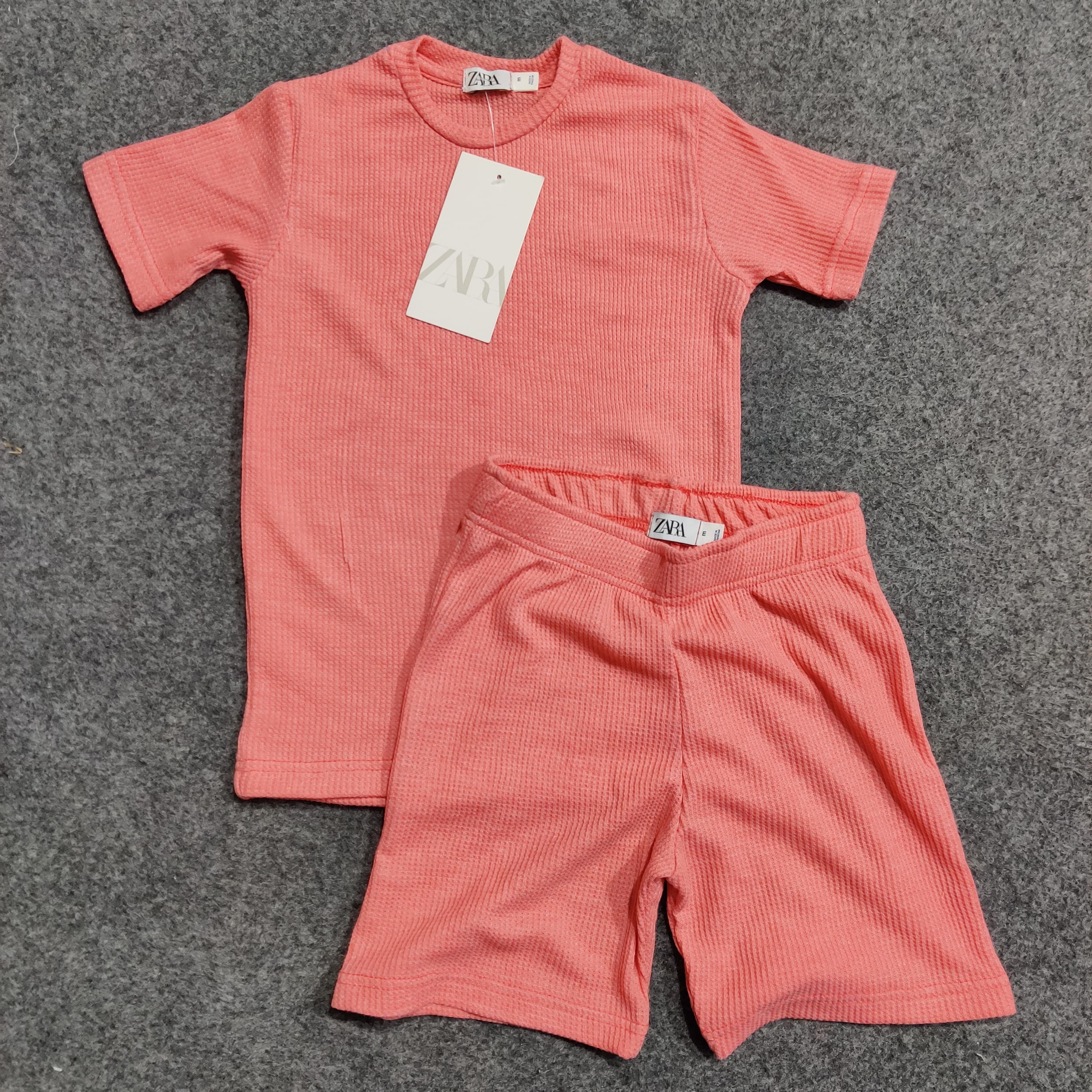 Zara Kids Waffle Knit Shorts-Tee Set - Baby Pink - Brand Store