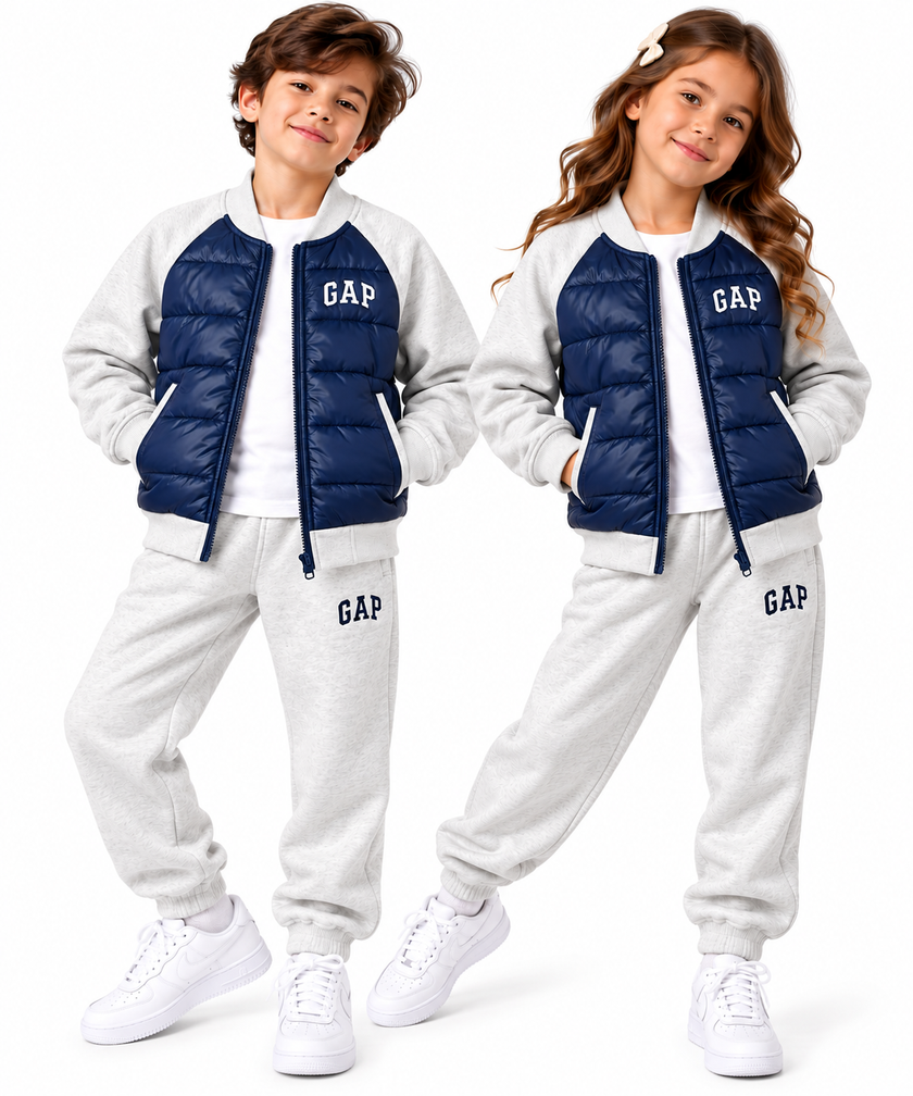 GAP Kids Hybrid Puffer Tracksuit Set – Navy/Gray