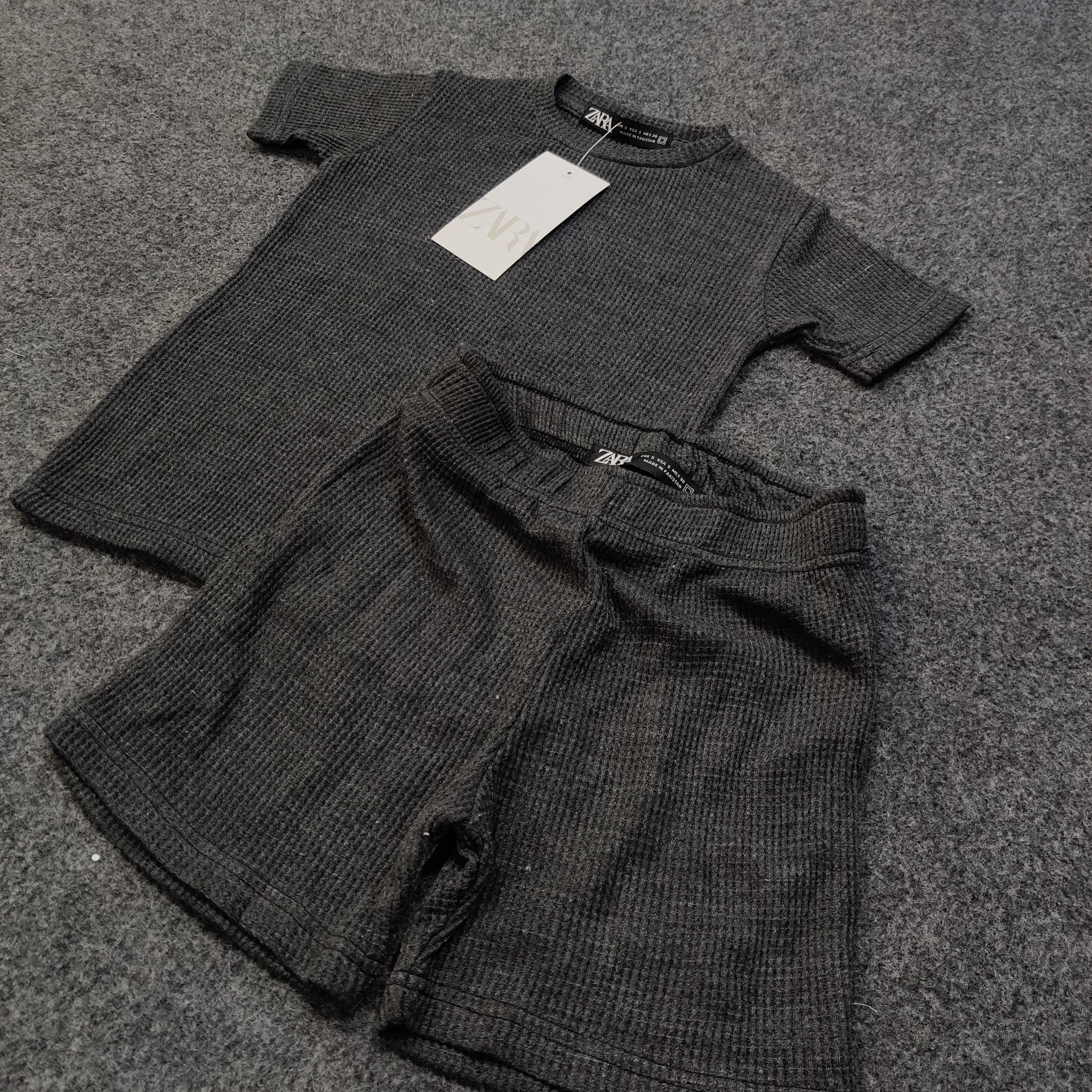 Zara Kids Waffle Knit Shorts-Tee Set - Gray - Brand Store