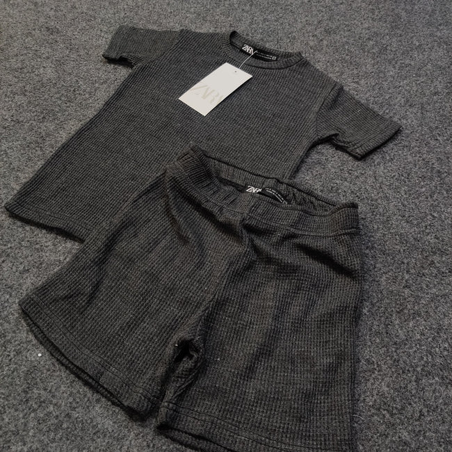 Zara Kids Waffle Knit Shorts-Tee Set - Gray - Brand Store