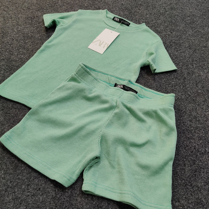 Zara Kids Waffle Knit Shorts-Tee Set - Cyan - Brand Store