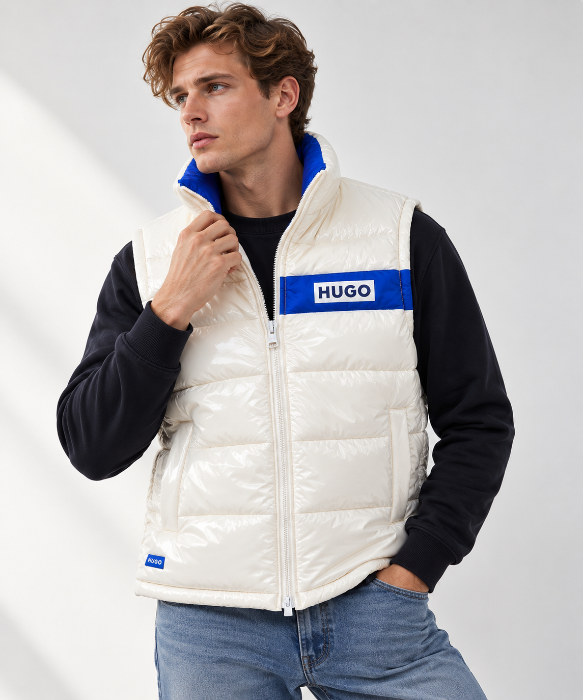 HU-GO Men’s Puffer Jacket – White & Blue