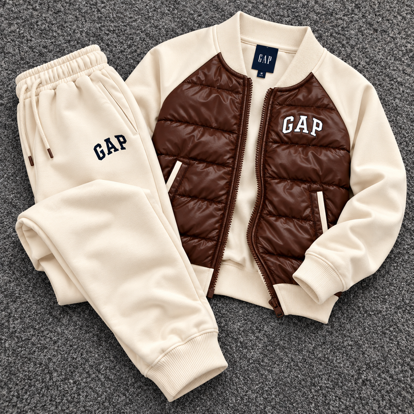 GAP Kids Hybrid Puffer Tracksuit Set – Brown/Biege