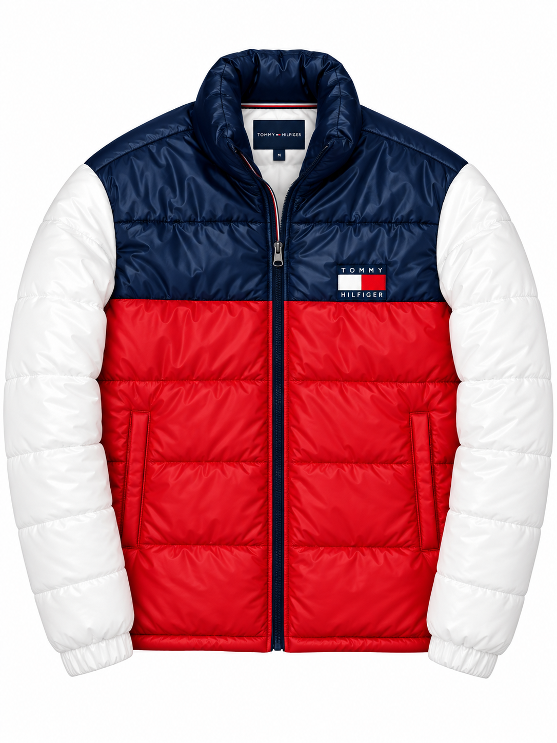 Tommy H Contrast Sleeves Puffer - White, Navy/ Red