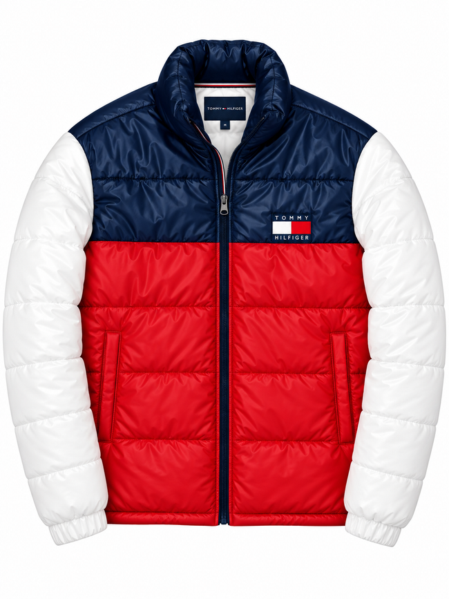 Tommy H Contrast Sleeves Puffer - White, Navy/ Red
