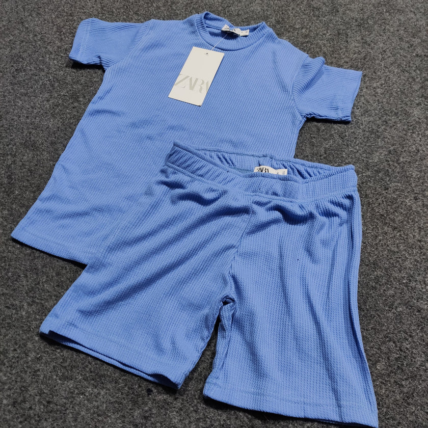 Zara Kids Waffle Knit Shorts-Tee Set - Sky Blue - Brand Store