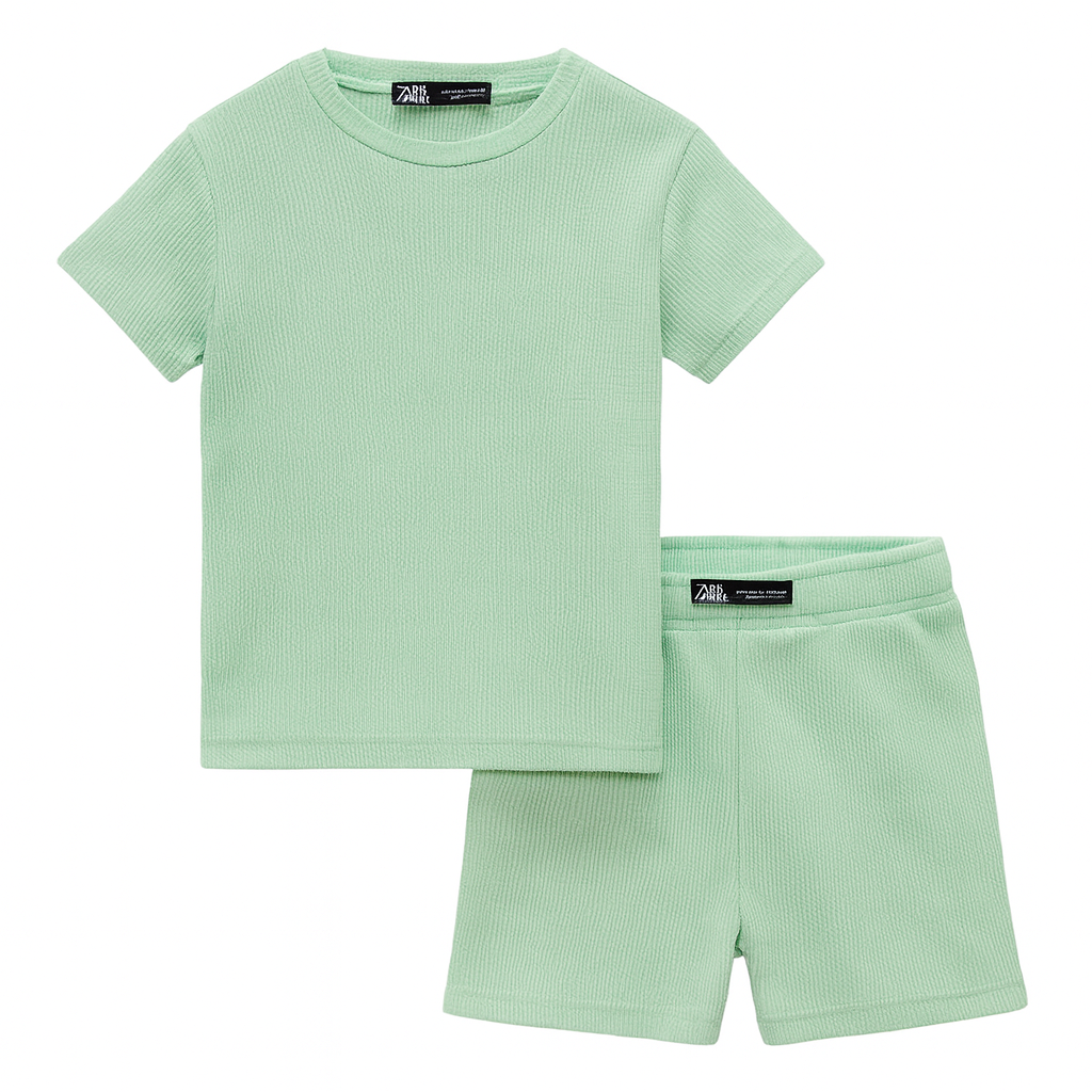 Zara Kids Waffle Knit Shorts-Tee Set - Cyan