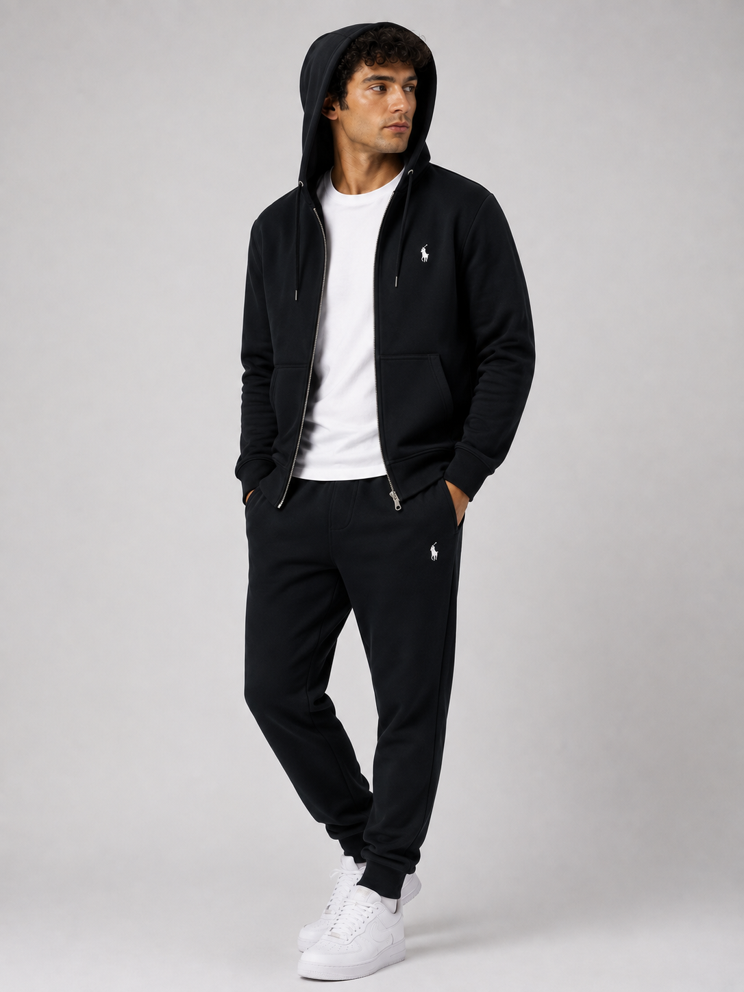 Polo Zipper Hood Tracksuit - Black
