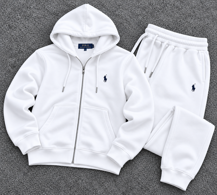 Polo Zipper Hood Tracksuit - White