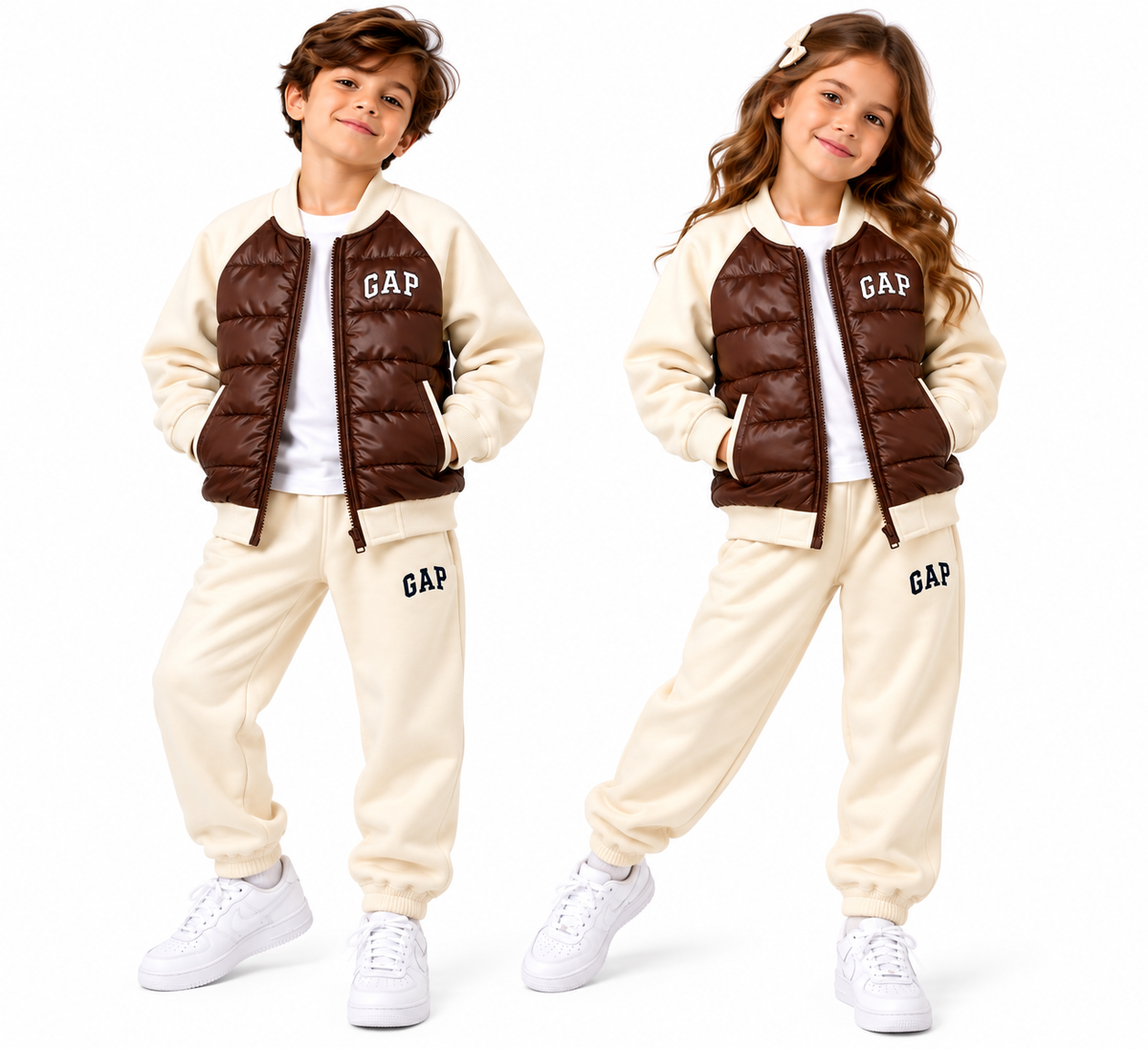 GAP Kids Hybrid Puffer Tracksuit Set – Brown/Biege