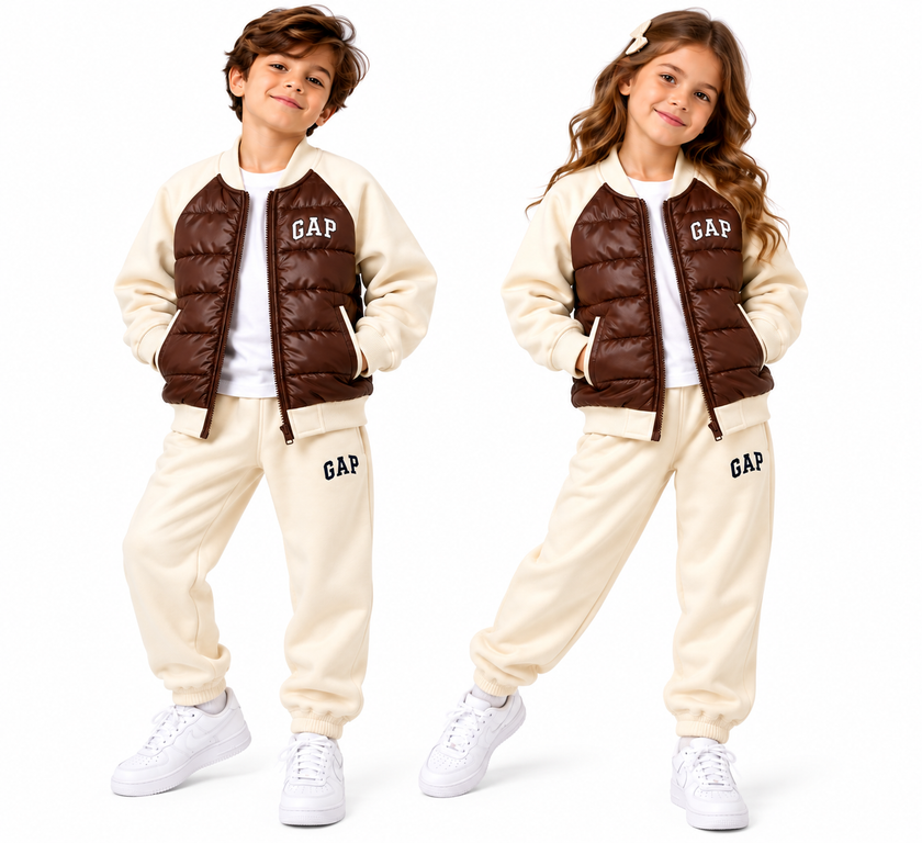 GAP Kids Hybrid Puffer Tracksuit Set – Brown/Biege