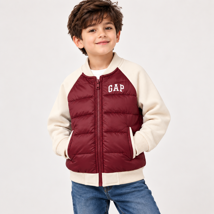 Gap Kids Hybrid Puffer Bomber Jacket - Cream/Burgendy
