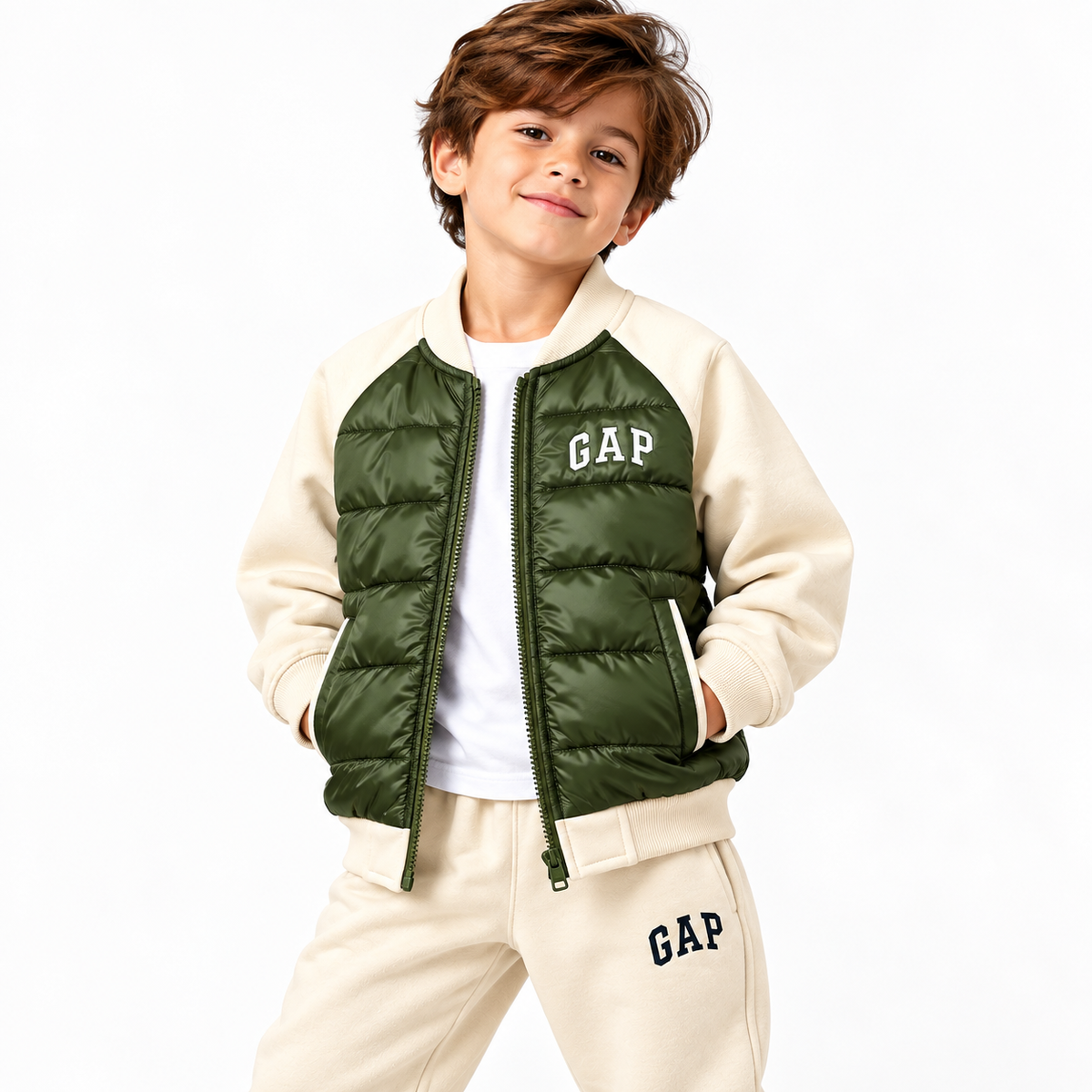 GAP Kids Hybrid Puffer Tracksuit Set – Olive & Cream
