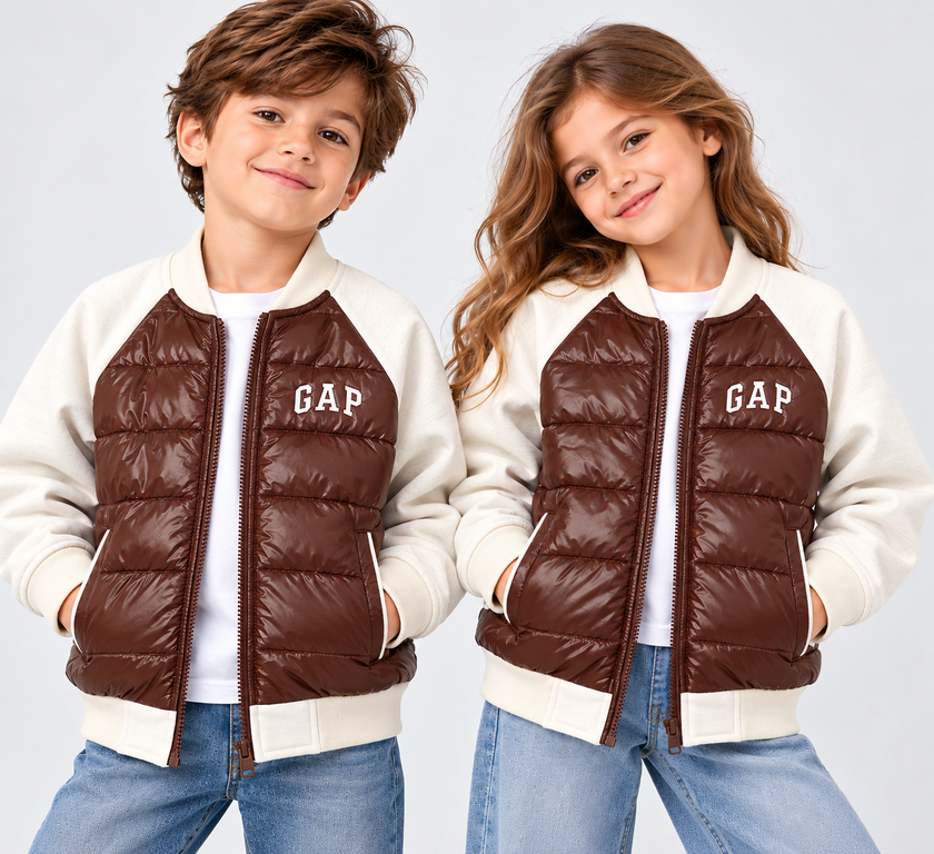 GAP Kids Hybrid Puffer Bomber Jacket - Brown/Cream